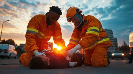 Emergency rescue by firefighters on city street at sunset.の写真素材