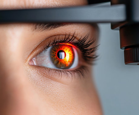 Close-up of female eye undergoing vision test with red light reflection.の写真素材