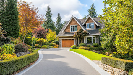 Charming suburban house with manicured lawn and vibrant autumn foliage.の写真素材