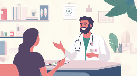 Female patient consults with male doctor in medical office with shelves and plants.の写真素材