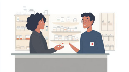 Caucasian female receiving medication from Caucasian male pharmacist at pharmacy counter.の写真素材