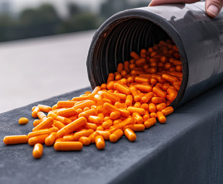 Spilled orange capsules from container on gray surface outdoors.の写真素材