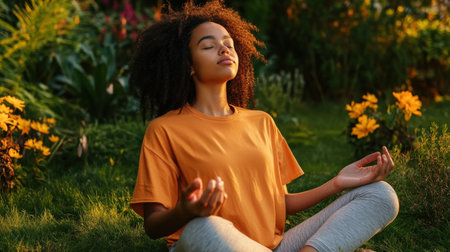 Young african female meditating outdoors in peaceful garden setting.の写真素材