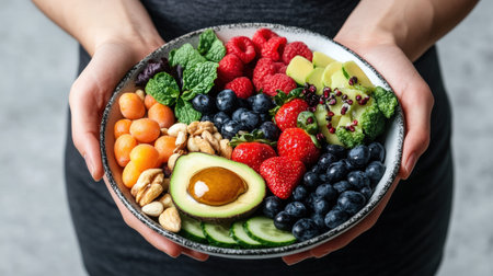 Vibrant healthy fruit and nut bowl with avocado held by caucasian female adult.