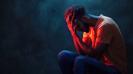 Young African male adult in distress with head in hands under dramatic lighting.
