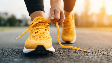 Close-up of person wearing yellow running shoes on asphalt in warm morning light.の写真素材
