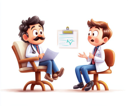 Cartoon doctors discussing patient care in office setting.の写真素材