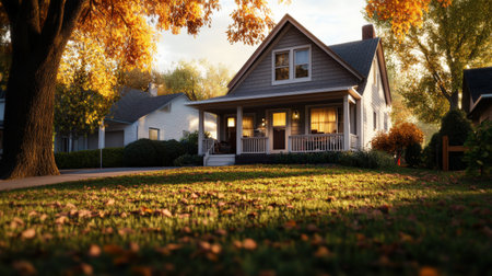 Charming suburban house with autumn foliage and cozy atmosphere at sunset.の写真素材