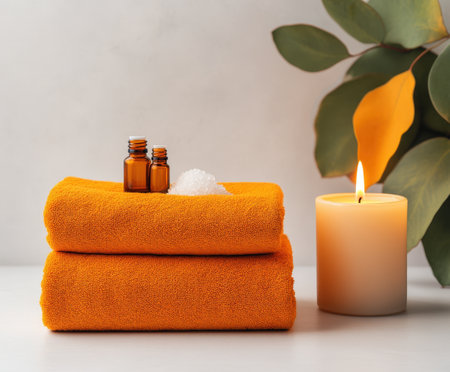 Relaxing spa setting with orange towels, essential oils, candle, and greenery.の写真素材