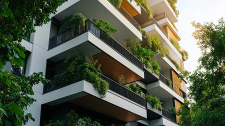 Modern sustainable apartment building with vertical gardens on balconies.の写真素材