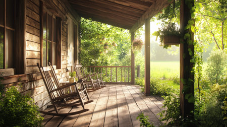 Rustic wooden porch with rocking chairs overlooking lush green garden in bright daylight.の写真素材