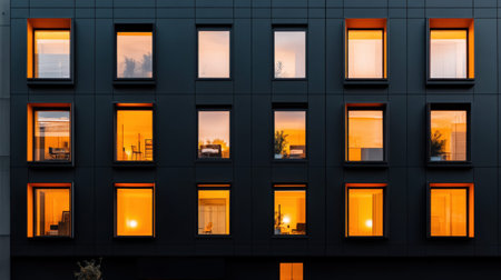 Modern building exterior with illuminated orange windows at dusk.