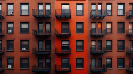 Symmetrical brick apartment building facade with balconies and windows.の写真素材
