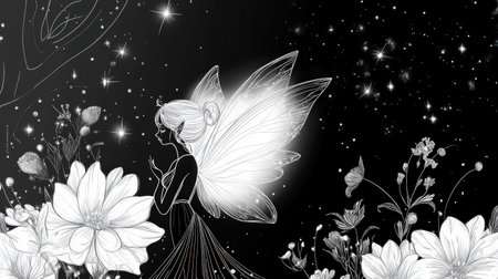Ethereal fairy in starry night with glowing wings and floral surroundings.の写真素材