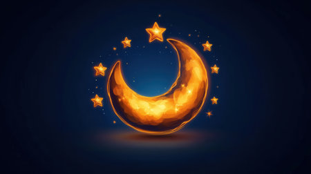 Glowing crescent moon and stars in night sky digital artwork.の写真素材