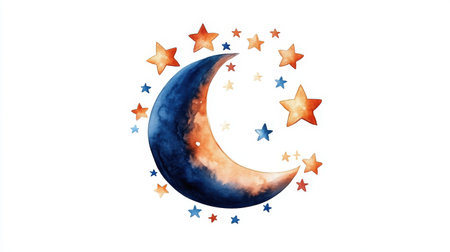 Watercolor crescent moon with colorful stars on white background.の写真素材
