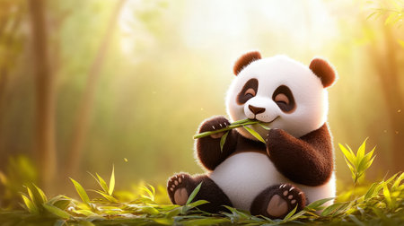 Cute cartoon panda eating bamboo in sunlit forest.の写真素材
