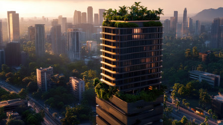 Modern skyscraper with green rooftop in urban cityscape during sunset.