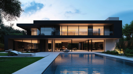 Modern luxurious two-story house with pool at dusk in a serene outdoor setting.の写真素材