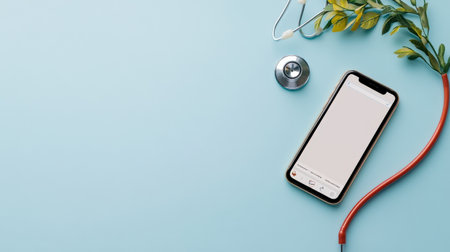 Smartphone with medical app and stethoscope on blue background.の写真素材