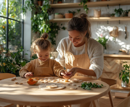 Caucasian female adult and child baking together in a bright kitchen with plants.の写真素材
