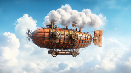 Vintage wooden steampunk airship floating among white clouds in blue sky.の写真素材