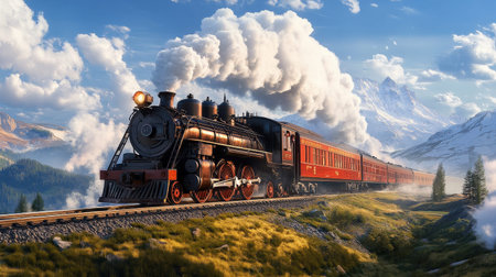 Vintage steam train traveling through scenic mountain landscape with puffy clouds.
