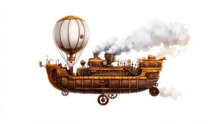 Steampunk airship with balloon and gears emitting steam.の写真素材