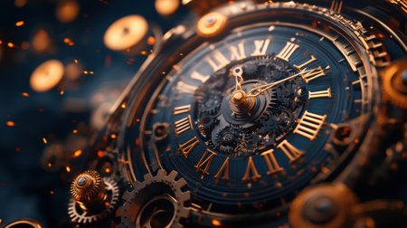 Intricate steampunk clockwork with roman numbers and gears.の写真素材