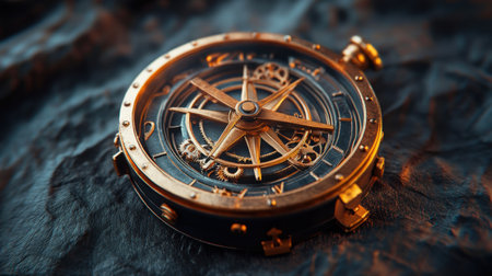 Steampunk-inspired brass compass with intricate gearwork on dark fabric background.の写真素材