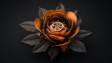 Intricate mechanical rose with copper petals and gears on black background.の写真素材