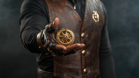 Steampunk fashion: male holding intricate brass gear in gloved hand.の写真素材