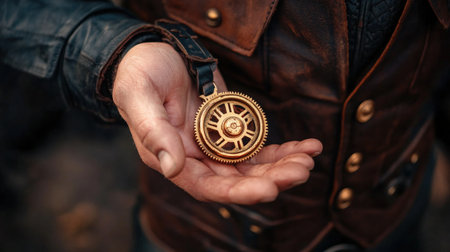 Steampunk fashion: hand holding gold gear in leather outfit.の写真素材