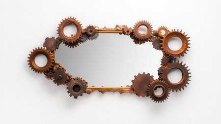 Steampunk-inspired oval mirror with rusty gears frame on white background.の写真素材