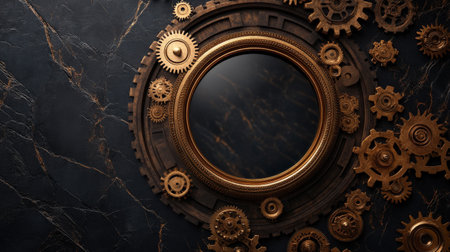 Vintage steampunk mirror with intricate bronze gears on dark marble background.の写真素材