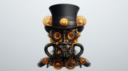 Steampunk gear skull with top hat and mechanical details.の写真素材