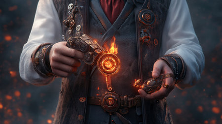 Steampunk gentleman with mechanical device and gears in hands.の写真素材