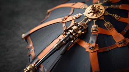 Intricate steampunk umbrella with brass mechanisms and leather straps.の写真素材