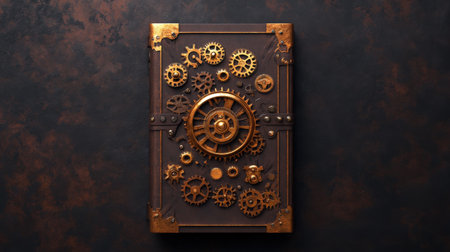 Intricate steampunk gear book cover with vintage metal mechanics on rustic surface.の写真素材