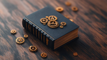 Vintage book with gears on wooden surface: steampunk aesthetic.の写真素材