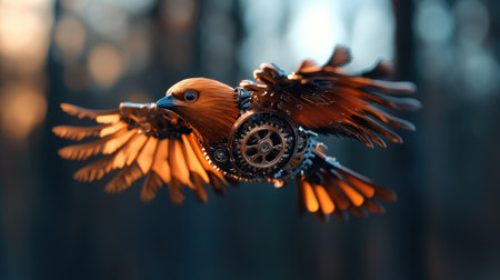 Steampunk mechanical bird in flight with gears and feathers in forest setting.の写真素材