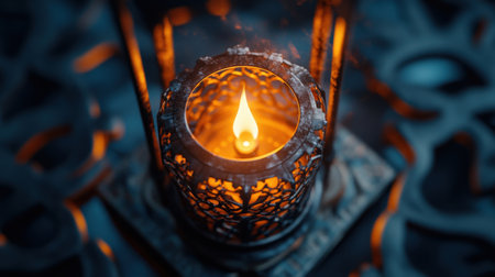 Close-up of ornate lantern with candle illumination and intricate design.の写真素材