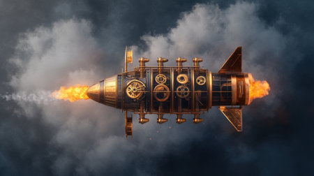 Steampunk rocketship in the sky with gears and flames.の写真素材
