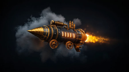 Steampunk rocketship with brass details and smoke trail in dark space setting.