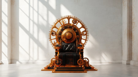 Steampunk throne in sunlit room with intricate gear design.の写真素材