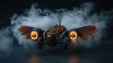 Steampunk flying car with mechanical wings and glowing engines in misty atmosphere.の写真素材
