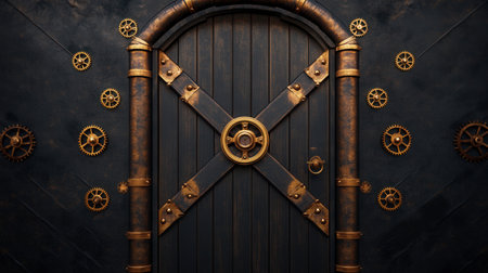 Rustic steampunk door with gear elements and iron pipes.の写真素材