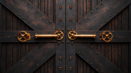 Industrial steel door with gears and rivets in rustic metal design.