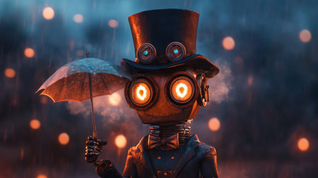 Steampunk robot holding umbrella in rainy night with glowing eyes.の写真素材
