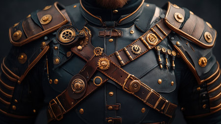 Steampunk-inspired armor with intricate gears and leather straps.の写真素材